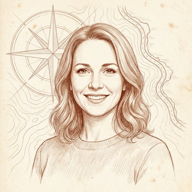 Illustrated portrait of Rachel Bennett, the pen name behind Her Own Compass — a drawing, not a photograph
