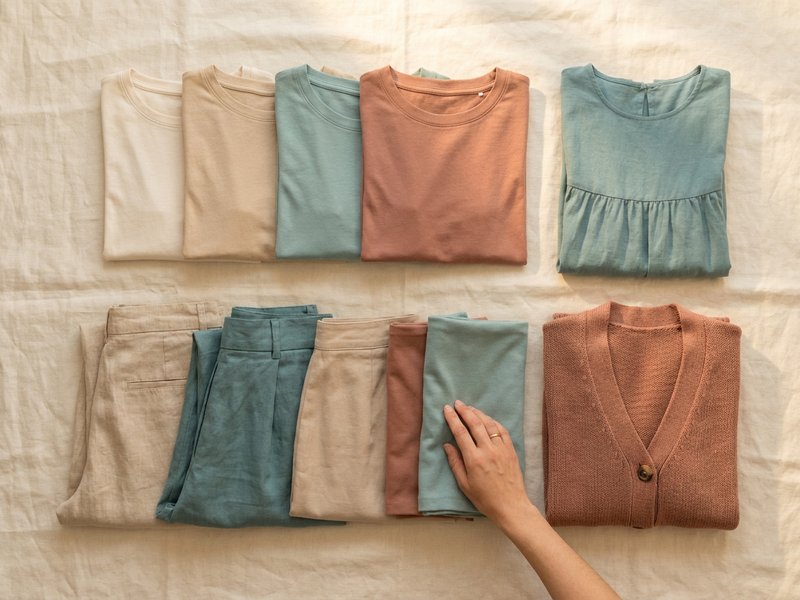 Flat-lay of a neutral capsule wardrobe: five folded tops, three bottoms, a dress, and a light layer on cream linen