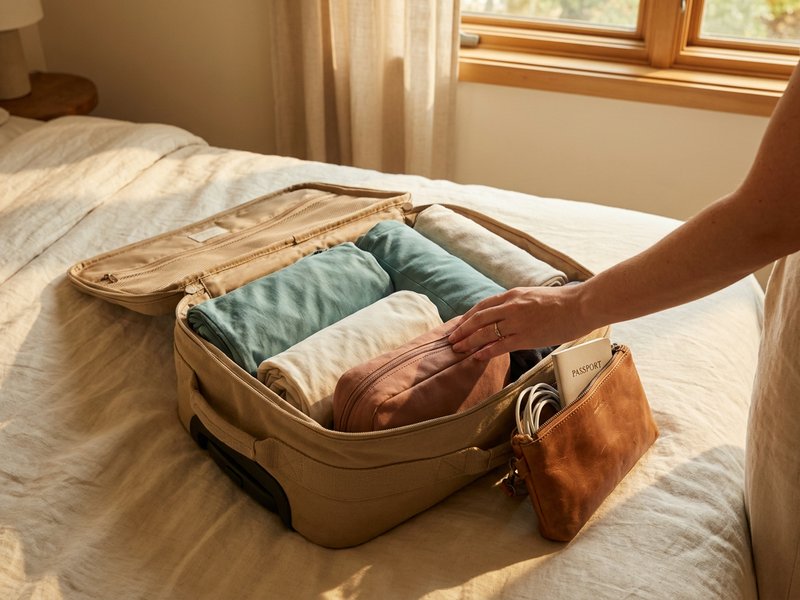Open carry-on bag on a bed with clothes rolled into fabric packing cubes, a toiletry pouch, and a passport