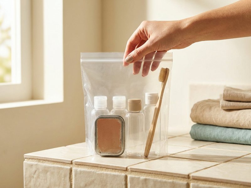 Clear quart-size zip bag on a bathroom counter holding small travel bottles, a soap bar in a tin, and a toothbrush
