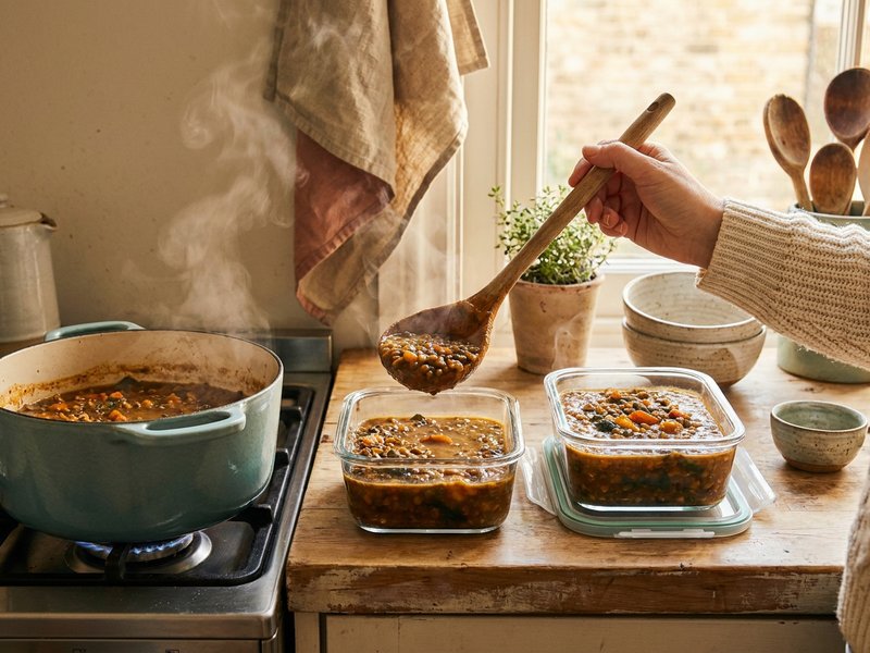 batch lentil soup portioned for one — Her Own Compass, financial freedom & travel for women on one income