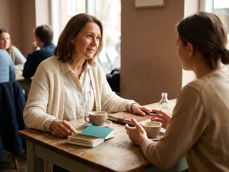 Two women at a cafe table, one leaning in to ask the other for honest advice over coffee and notebooks