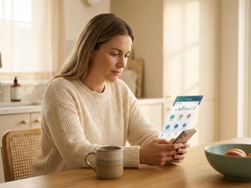 Woman calmly checking her banking app at a kitchen table, relaxed and unbothered, with a clay mug beside her