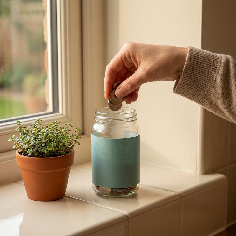 Hand dropping coins into a glass savings jar on a sunny windowsill beside a small potted plant