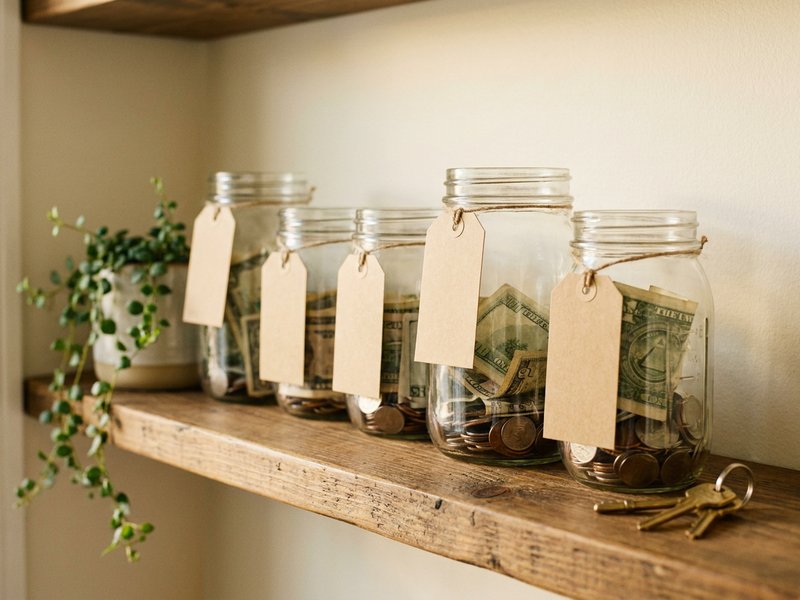separate sinking fund categories in labeled jars — Her Own Compass, financial freedom & travel for women on one income