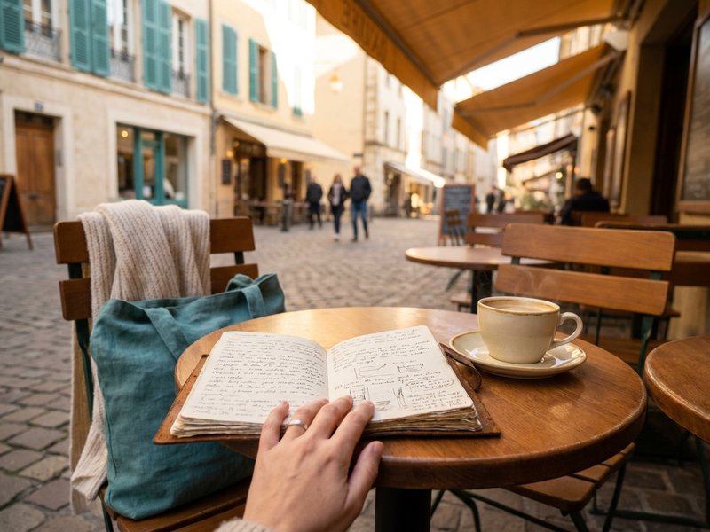 Woman alone at a small cafe table in a foreign city with coffee and an open journal, relaxed in her own company