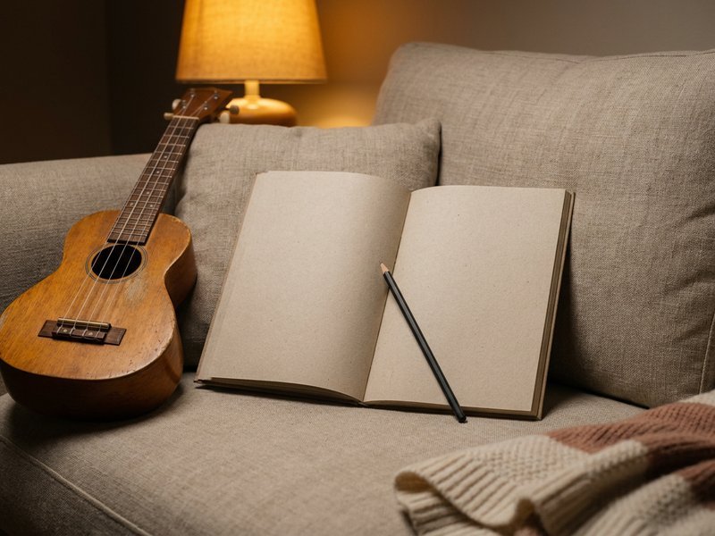 cheap hobbies, a sketchbook and secondhand ukulele on a sofa under a warm lamp, herowncompass.com