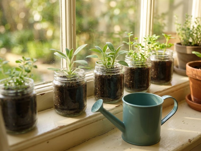 cheap hobbies, herb seedlings in reused jars on a bright kitchen windowsill, herowncompass.com