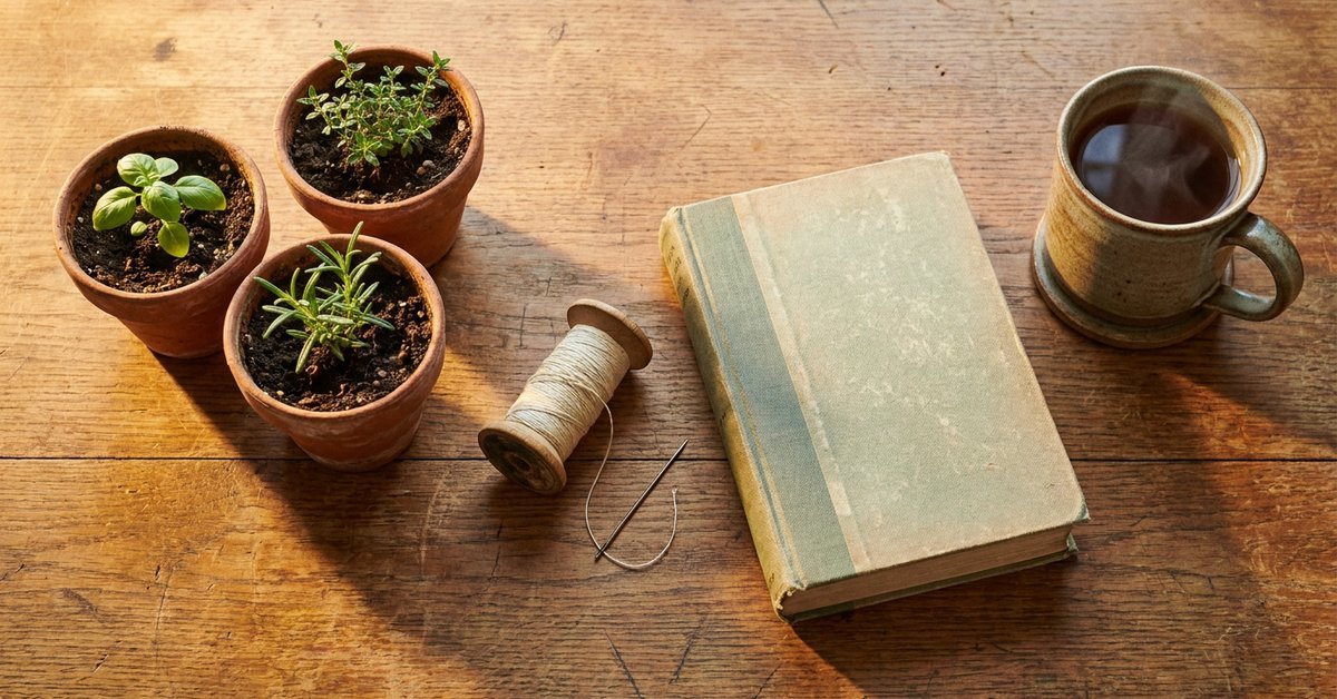 cheap hobbies, warm sunlit table with seedlings, mending thread and a library book, herowncompass.com