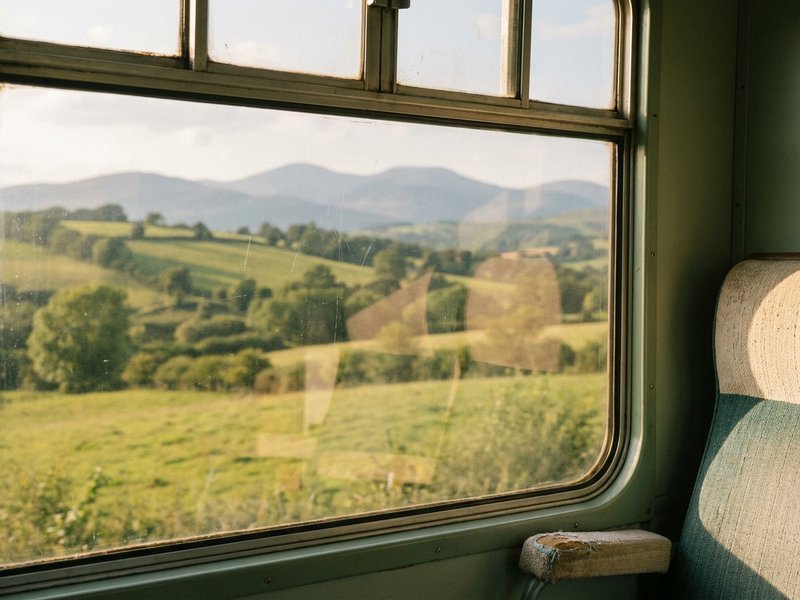 cheapest countries to travel — a view of green countryside through a train window, herowncompass.com