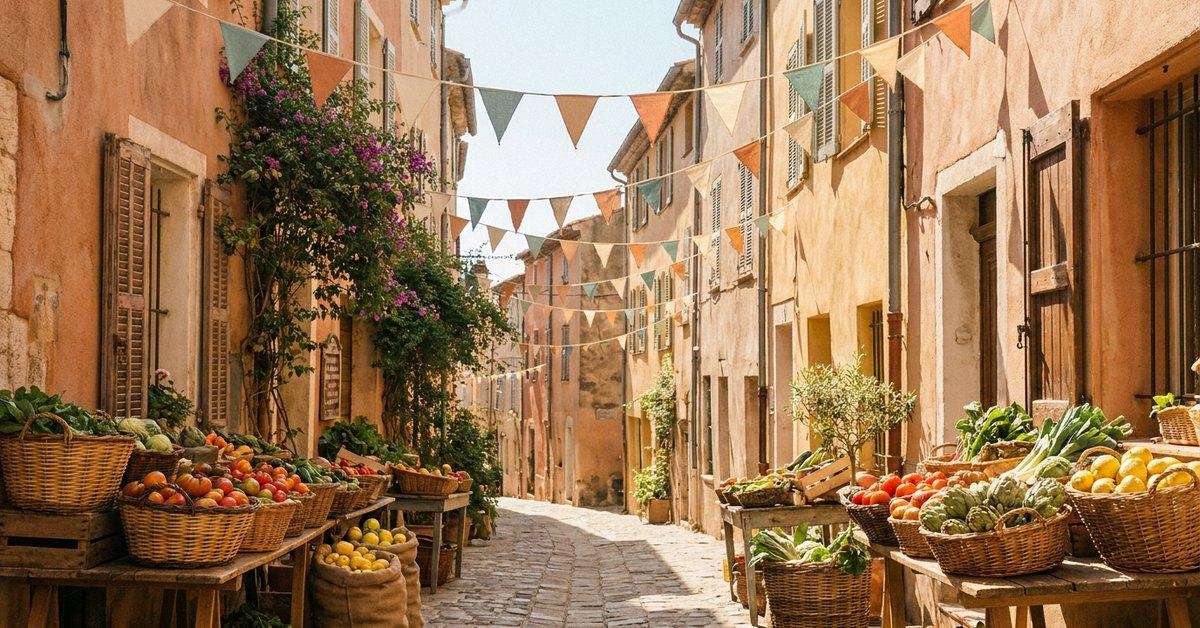 cheapest countries to travel — sunlit market street with produce stalls and warm terracotta buildings, herowncompass.com