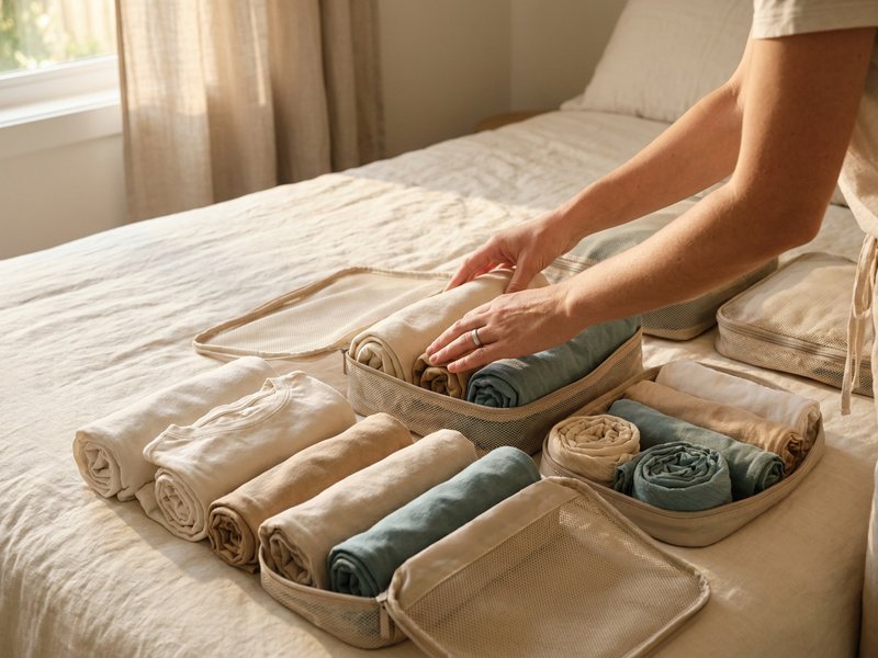 minimalist packing list, rolling clothes into packing cubes, herowncompass.com