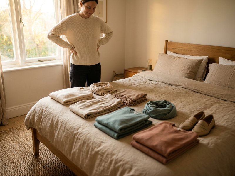 minimalist packing list, laying out outfits before a trip, herowncompass.com