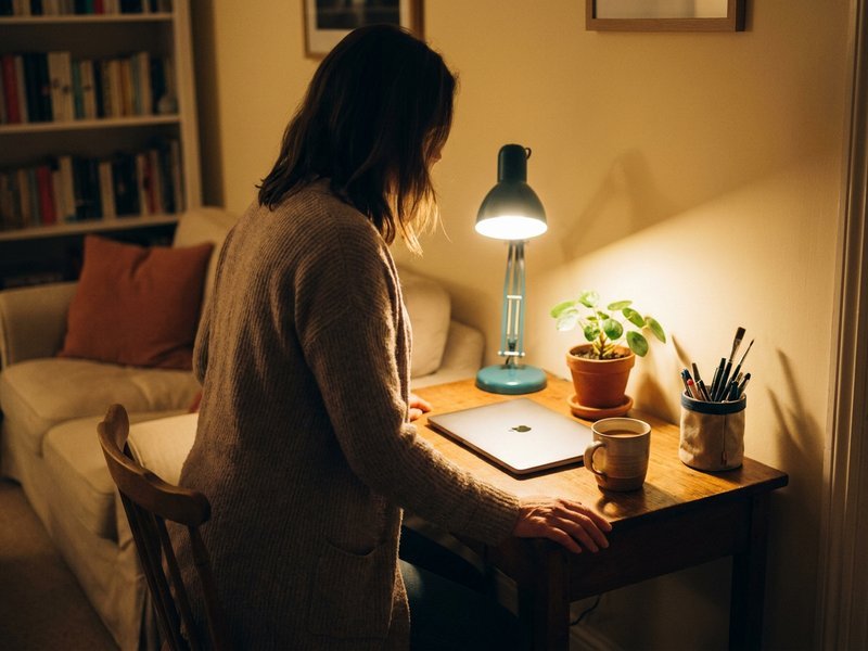 side hustles from home at an evening desk — Her Own Compass, financial freedom & travel for women on one income
