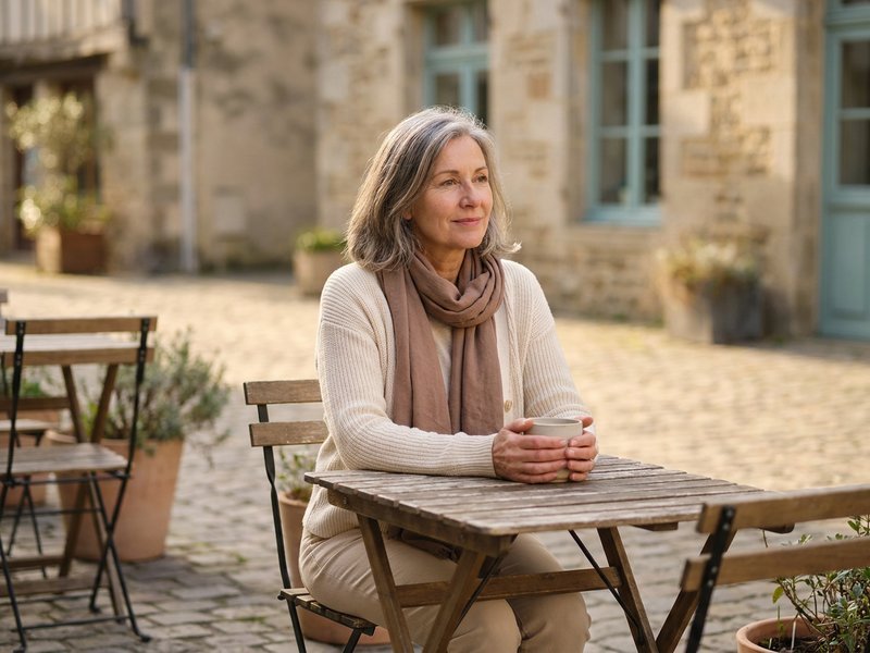 eating alone at a cafe on a solo trip over 50 — Her Own Compass, financial freedom & travel for women on one income