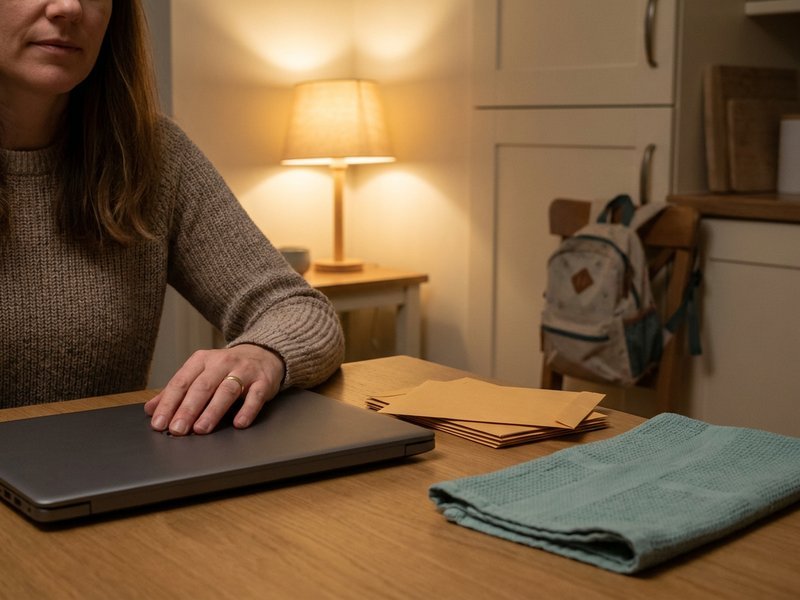 travel hacking for beginners — a woman at her kitchen table, closed laptop and unopened bills, choosing one card, Her Own Compass, financial freedom & travel for women on one income