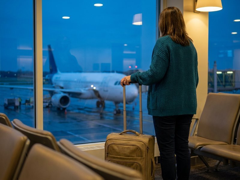 travel hacking for beginners — a woman watching her aircraft from the terminal window before an award flight, Her Own Compass, financial freedom & travel for women on one income