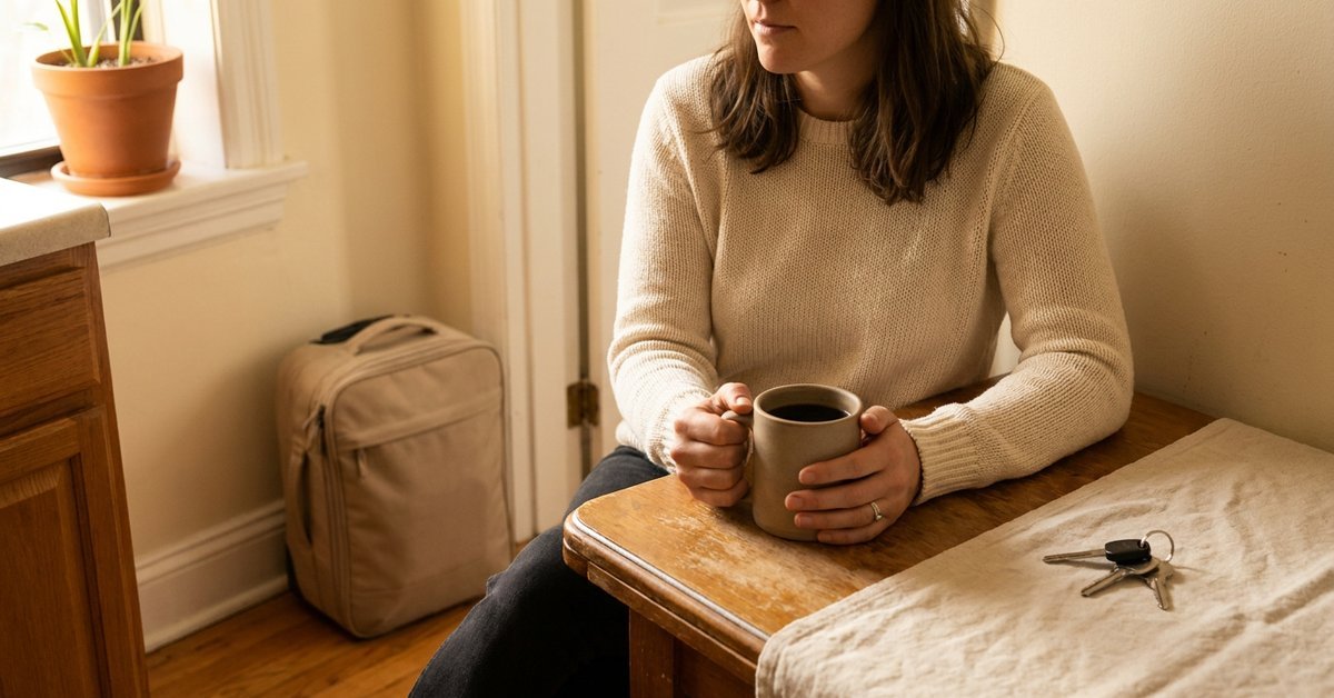 travel hacking for beginners — a woman with her morning coffee and a packed carry-on waiting by the door, Her Own Compass, financial freedom & travel for women on one income