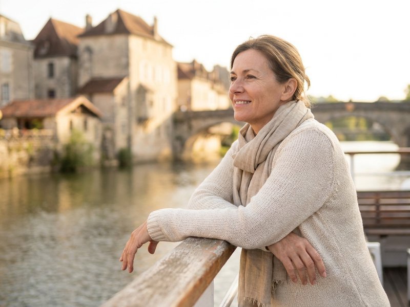 a woman standing on a small river cruise deck looking out at a European old town along the water, soft daylight, content expression