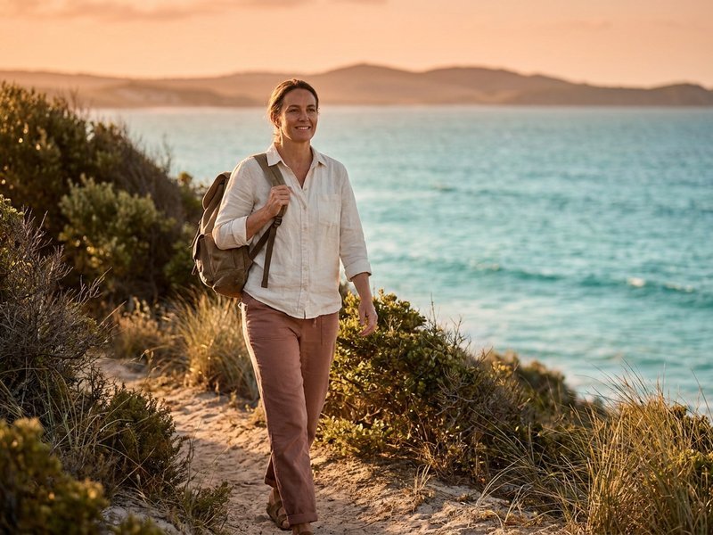 a woman in her 50s walking along a quiet coastal path with a light daypack, golden hour light, calm and purposeful