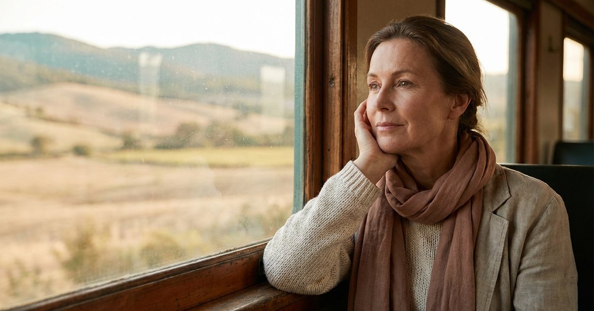 a woman in her 50s looking out a train window at passing scenery, warm afternoon light, calm and reflective