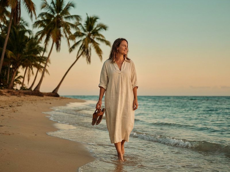 A woman walking alone along a quiet turquoise beach in the late afternoon, sandals in her hand