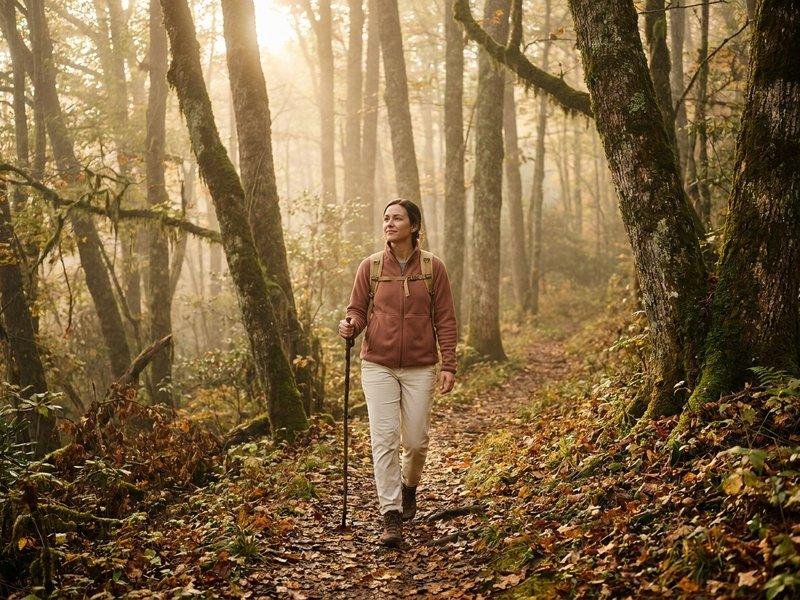 A woman hiking alone on a forest trail in the mountains with soft morning mist between the trees