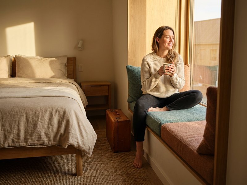 A woman relaxing in a small, tidy private hotel room with a window seat and a cup of tea