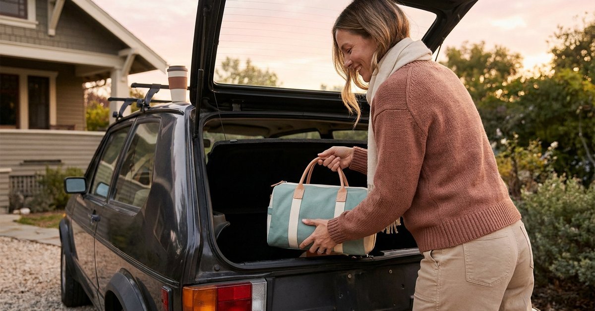 A woman loading a small weekend bag into her car trunk at dawn, ready for one of her cheap solo trips under 500 dollars