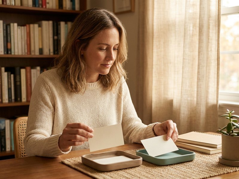 A woman organizing two credit cards on a desk, one for business and one for family spending