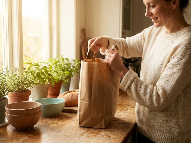 A woman unpacking a paper grocery bag on a wooden kitchen counter beside bread, bowls, and potted herbs