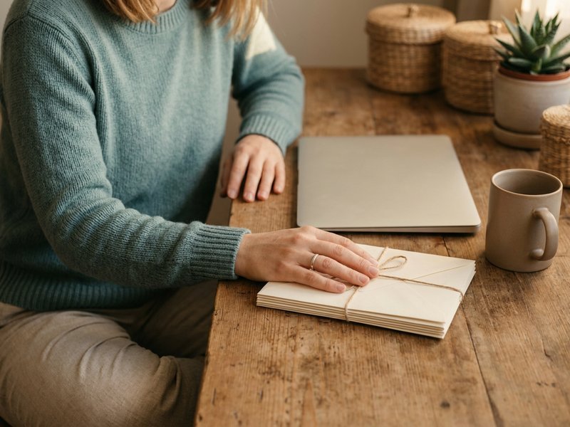 A woman reviewing household bills at a desk before paying them online