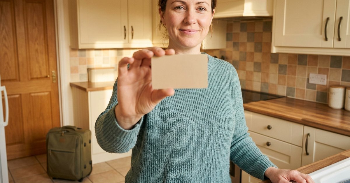 A smiling woman in her kitchen holds up a plain rewards card, a small carry-on by the door, ready to earn airline miles on everyday spending