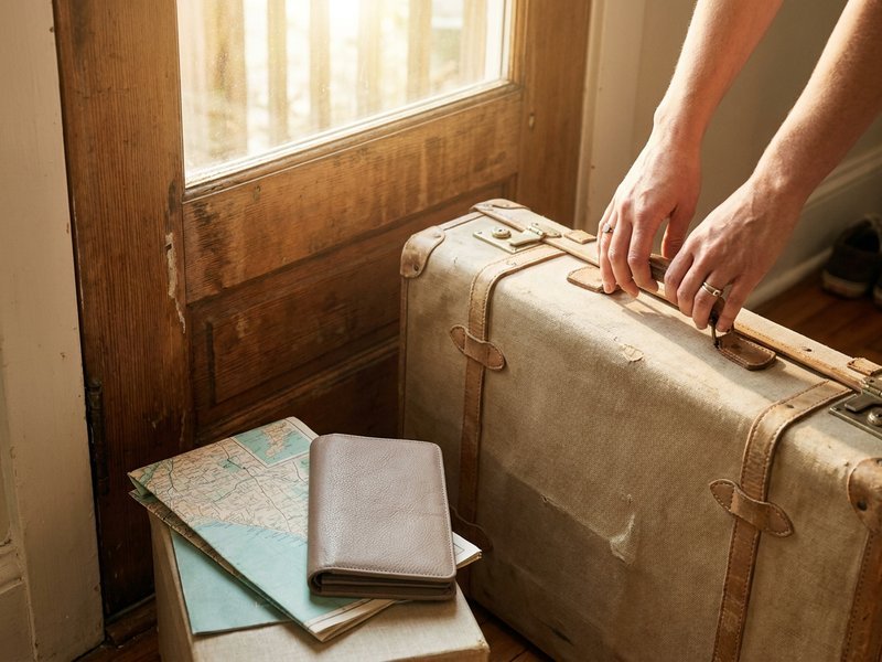 a small packed suitcase by a front door with a map and passport-free travel wallet nearby, morning light, ready to leave