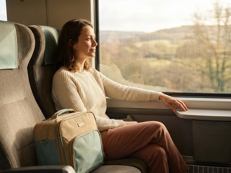 a woman looking out a train window with a small suitcase beside her, soft daylight, calm and observant expression