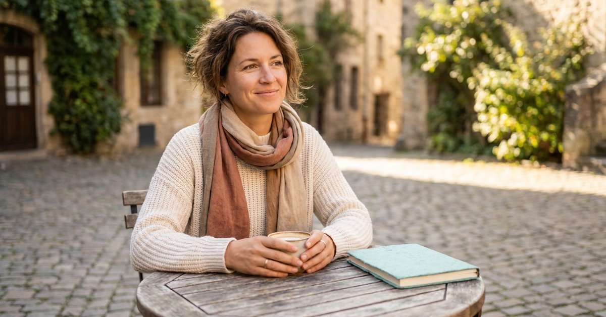 a woman sitting alone at a small cafe table with a journal and a cup of coffee, warm travel-morning light, calm and content