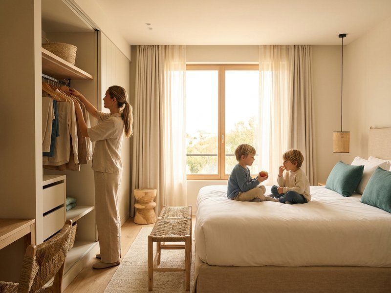A mother unpacking in a bright hotel suite while her two kids sit on the bed by the window