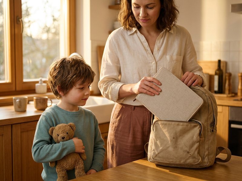 A mother zipping a closed travel folder into a backpack while her son holds a stuffed toy beside her