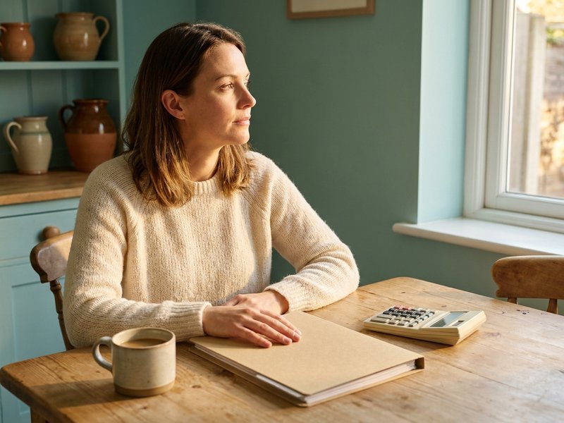 A woman at a kitchen table with a closed notebook, a calculator, and a mug, weighing her loan options