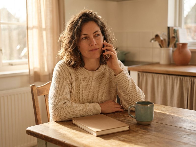 A woman making a phone call to negotiate a lower bill rate at her kitchen table