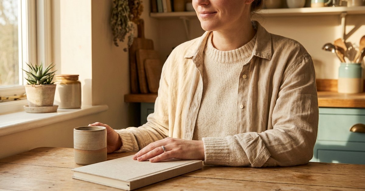 A calm woman at a sunlit kitchen table rests her hand on a closed notebook, planning how to find extra money for debt