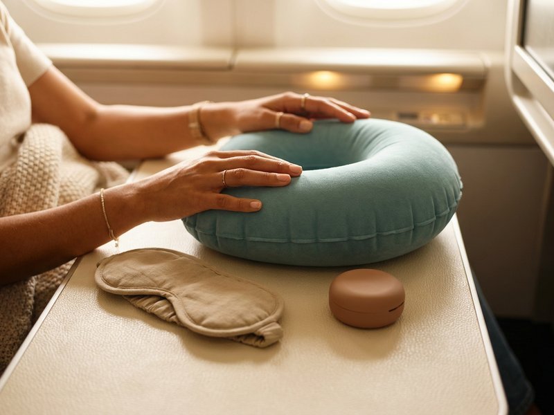 an inflatable neck pillow, a soft eye mask, and a small earbuds case resting on an airplane tray table