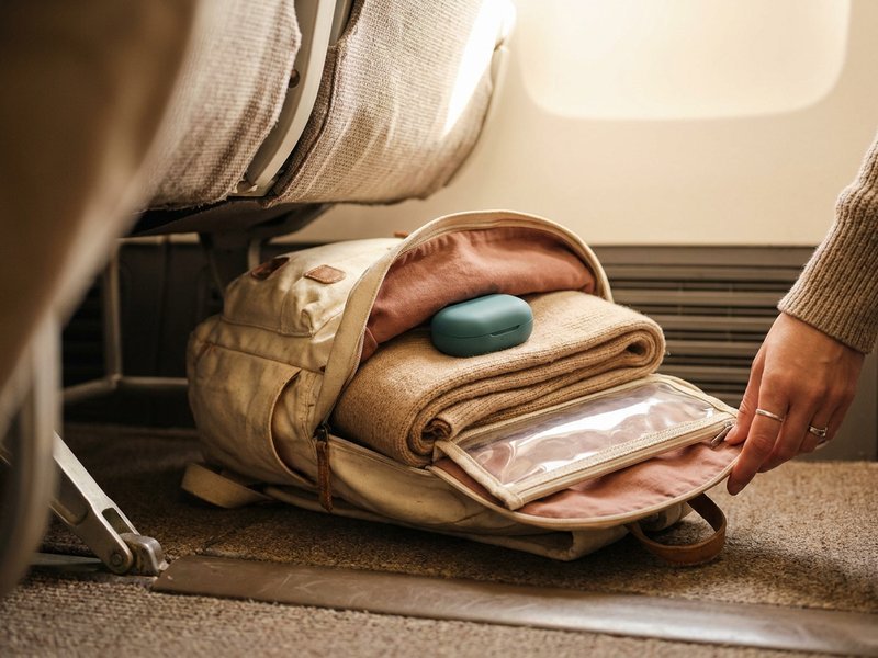 an open small backpack under an airplane seat with a scarf, earbuds case, and a clear toiletry pouch packed on top