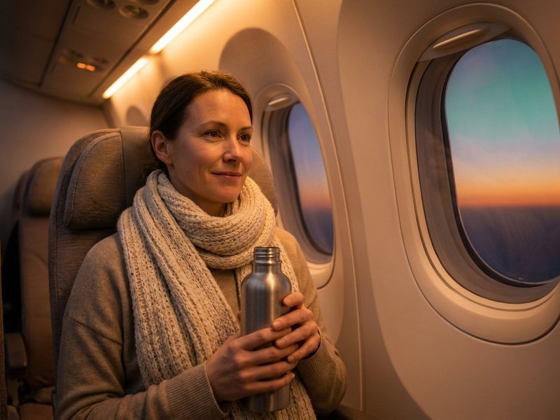 a woman in her 40s by an airplane window wrapped in a large soft scarf, holding a reusable water bottle at dusk