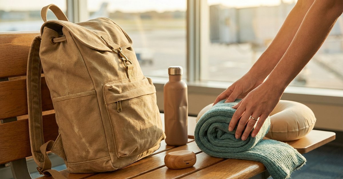 long flight essentials laid out beside a small backpack on an airport bench: a water bottle, a rolled scarf, earbuds, and a travel pillow