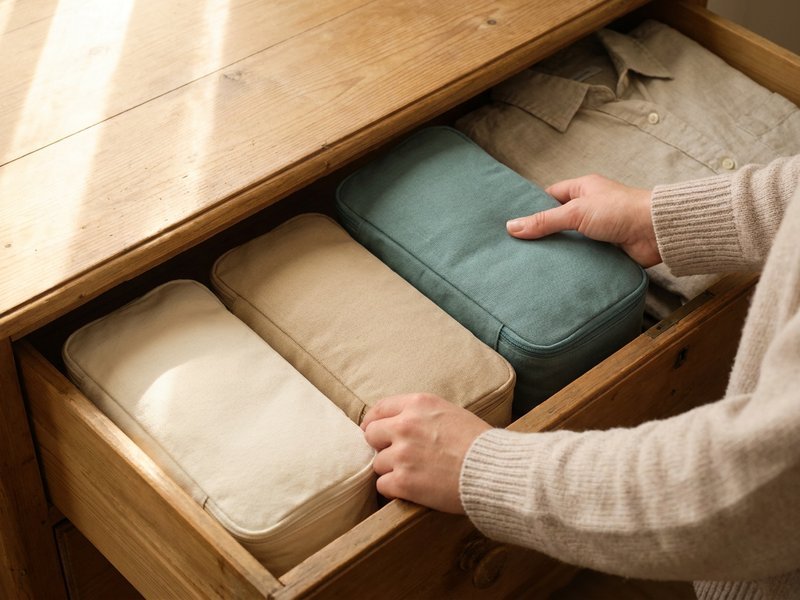 plain fabric packing cubes set side by side inside an open wooden hotel dresser drawer in soft morning light