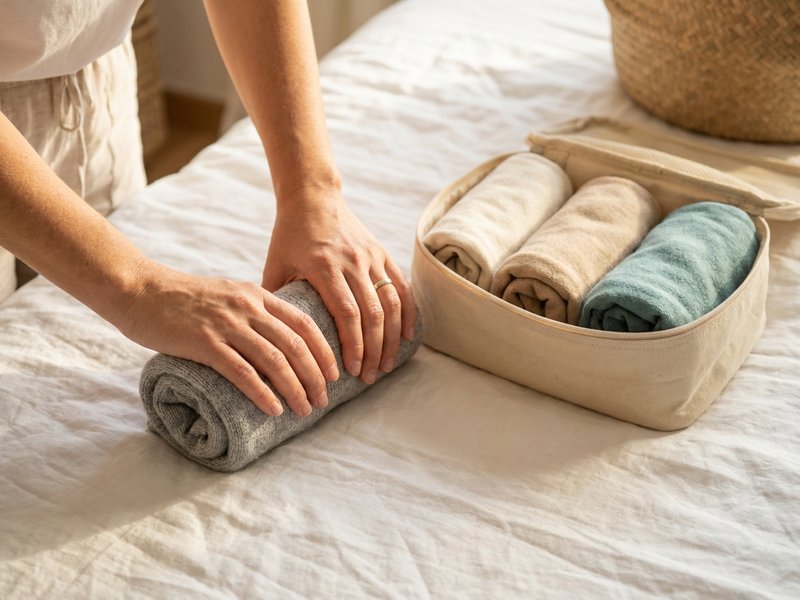 hands rolling a soft grey knit sweater into a tight roll beside an open plain fabric packing cube on a bed