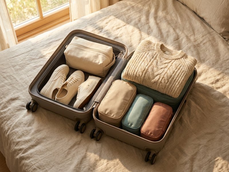 a hard-shell carry-on opened flat, shoes and a toiletry bag on one half and three plain packing cubes on the other