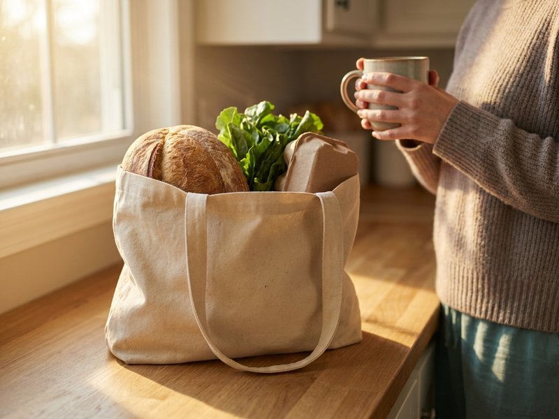 a grocery bag with simple staples on a kitchen counter, soft natural light, calm everyday scene