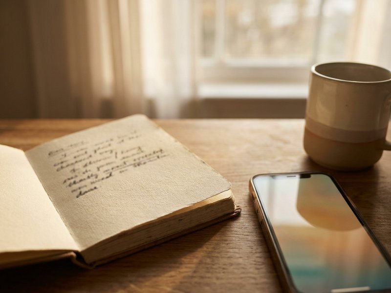 a small notebook with a handwritten grocery price list next to a phone showing a store app, kitchen counter, morning light